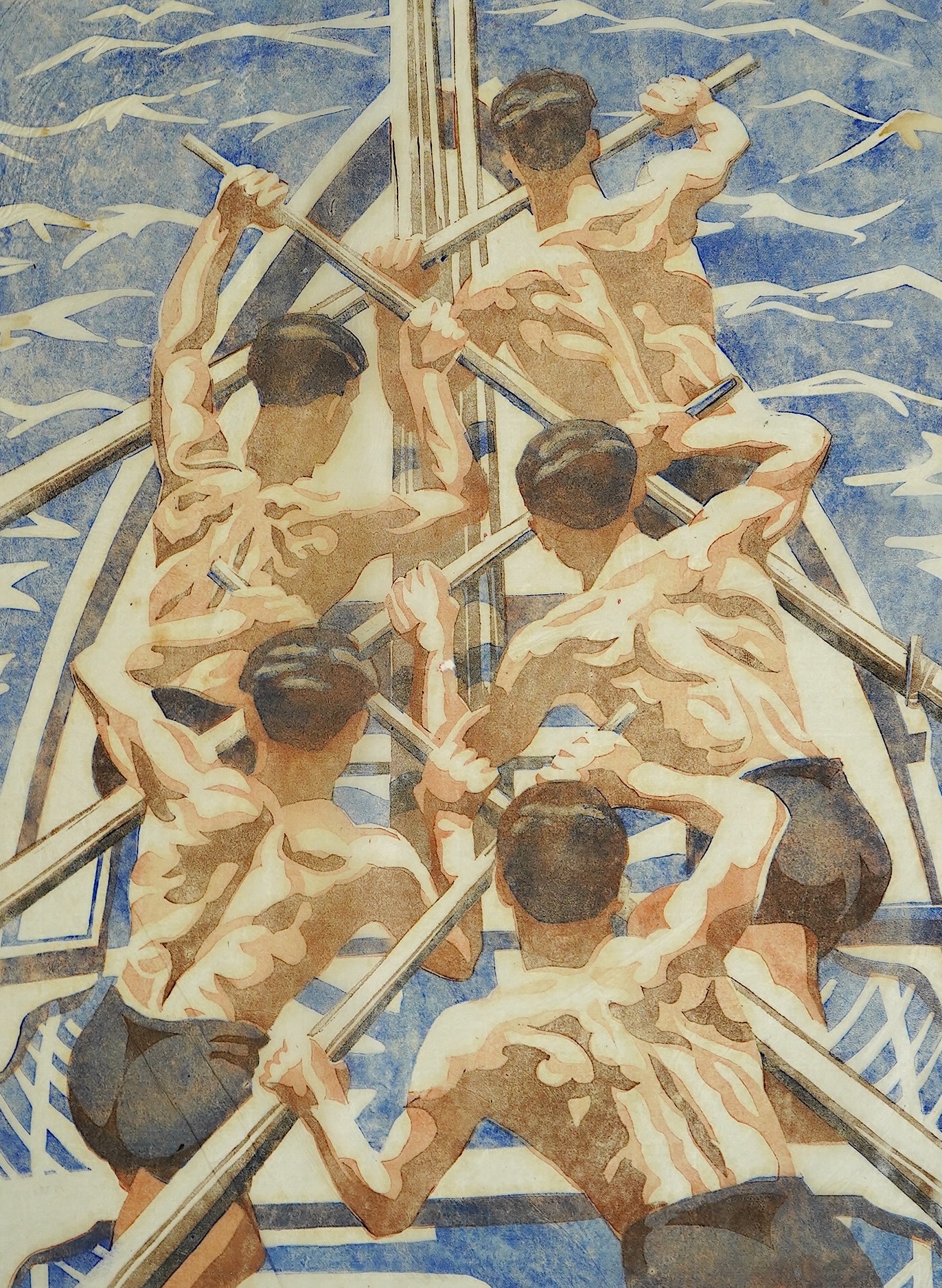 Margaret Barnard (British, 1900-1992), The Oarsmen Positano, c.1930, linoleum cut printed in colours on tissue-thin oriental laid paper, 34 x 26cm.